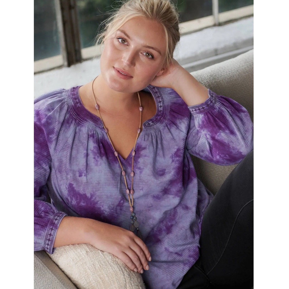 J Jill Pure Jill 100% Cotton Tie Dye Blouse XS Purple Embroidered Long Sleeve